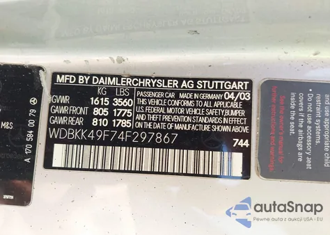 2004 Mercedes-Benz Slk 230 Kompressor из США, поврежденный, VIN WDBKK49F74F297867